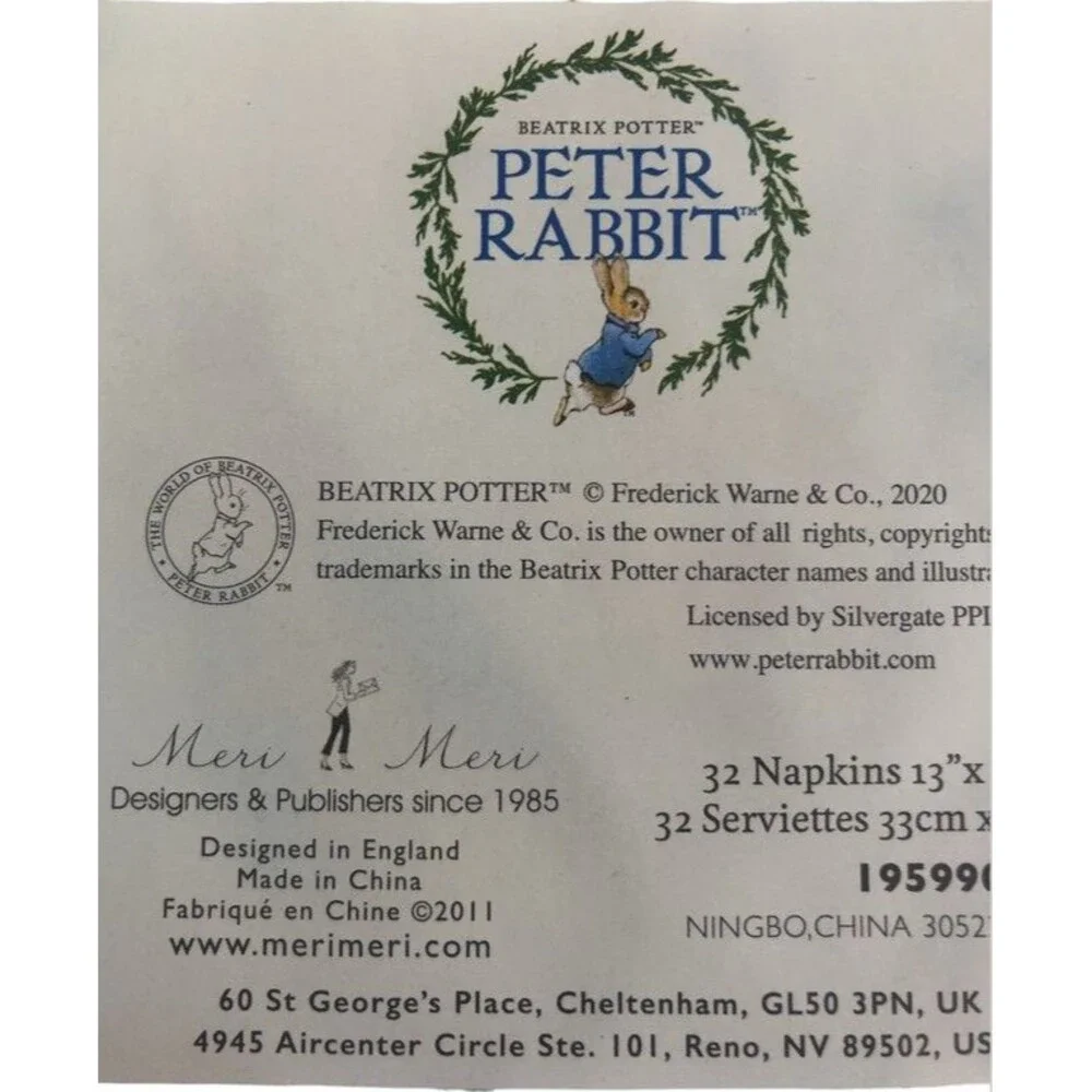 Beatrix Potter Peter Rabbit Baby Shower Easter 32 Pk Paper Napkins